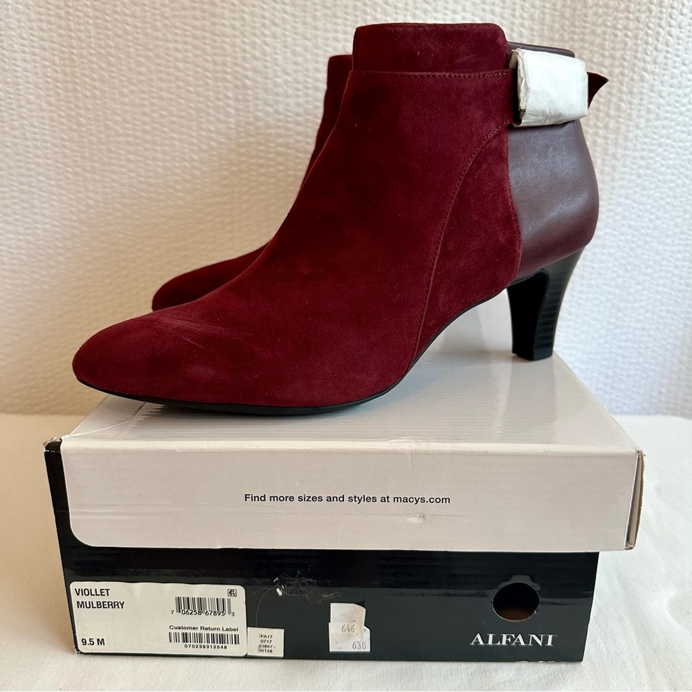 ALFANI Burgundy Suede Heeled Ankle Boots Buckle Women’s Size 9.5 NWT